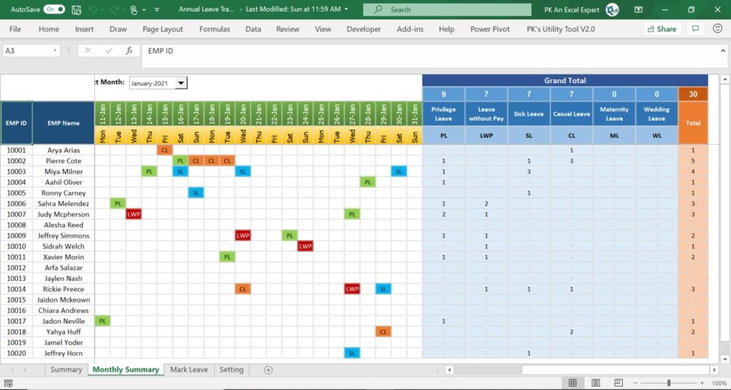 Annual Leave Tracker with Daily/Monthly View in Excel PK An Excel Expert