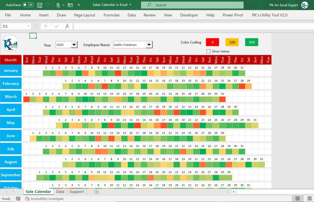 Annual Sales Calendar for Sales Dashboard in Excel PK: An Excel Expert