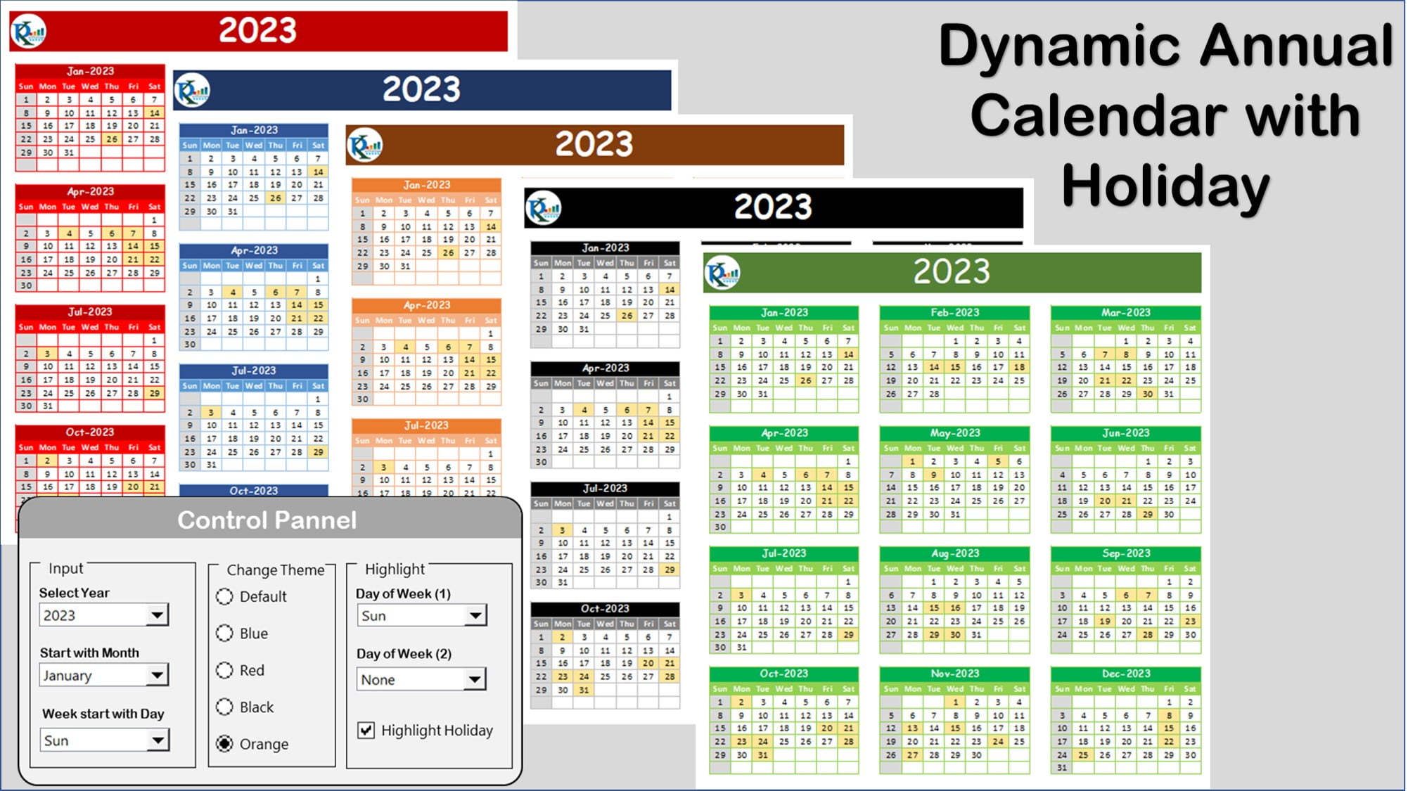 Free Dynamic annual calendar with holiday and Control Panel PK An