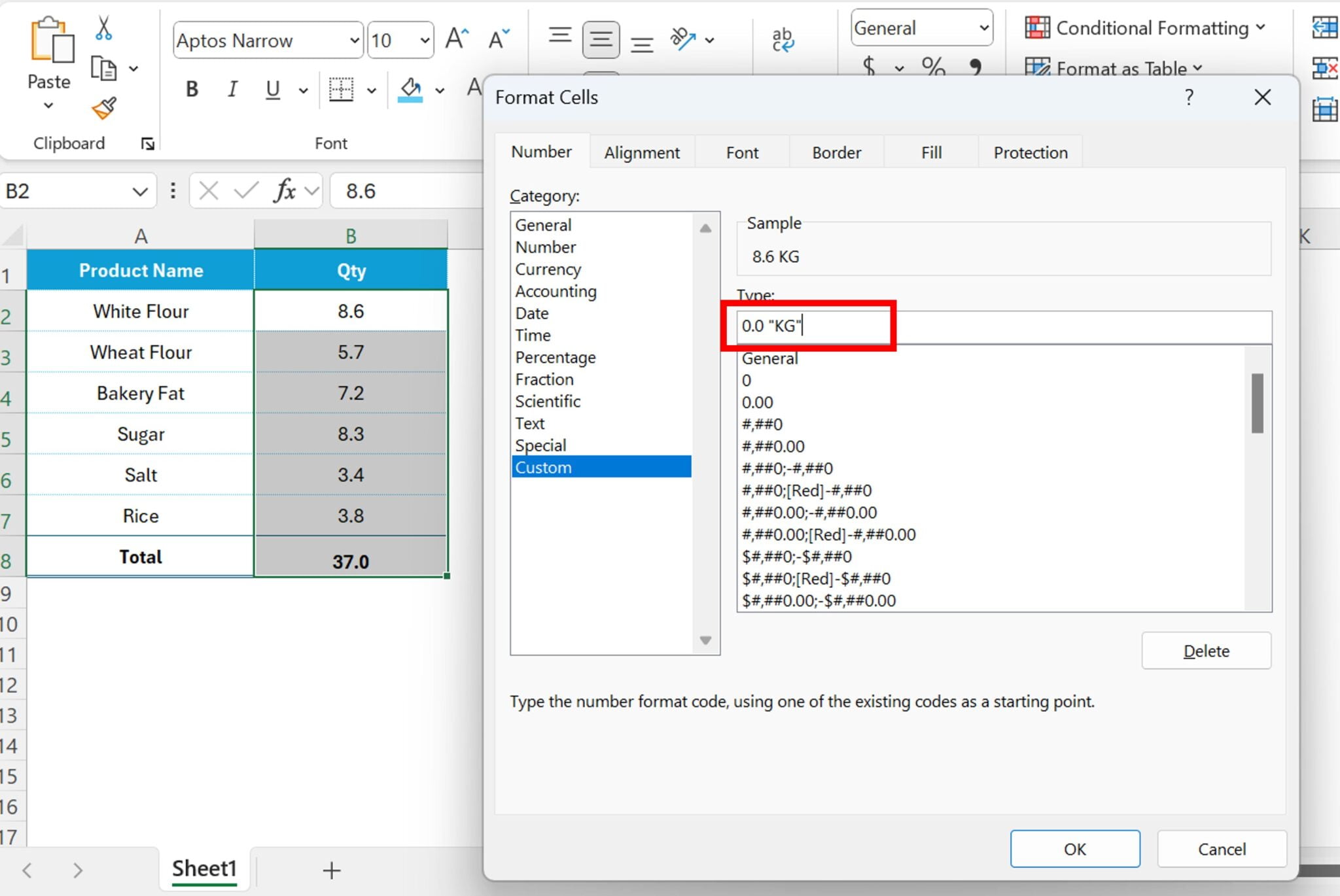 how to add weight format in excel