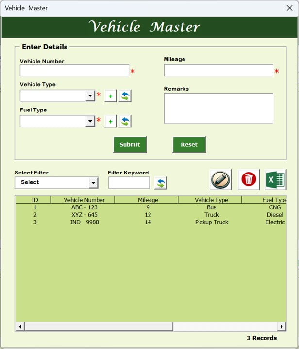 Vehicle Master Form