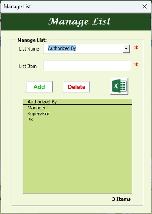 Manage List Form