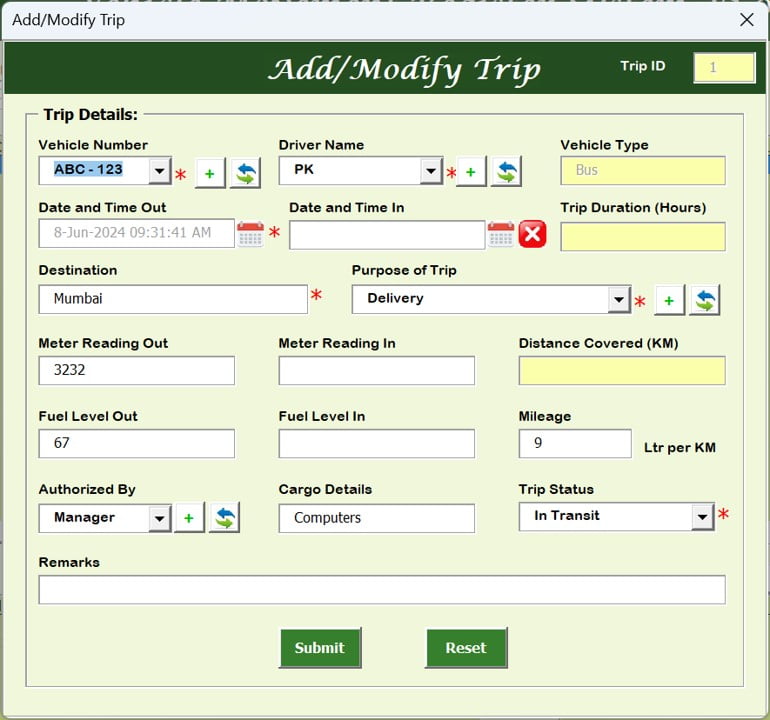 Add/Modify Trip Form