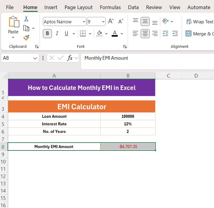  Calculate Monthly EMI PMT Function in Excel