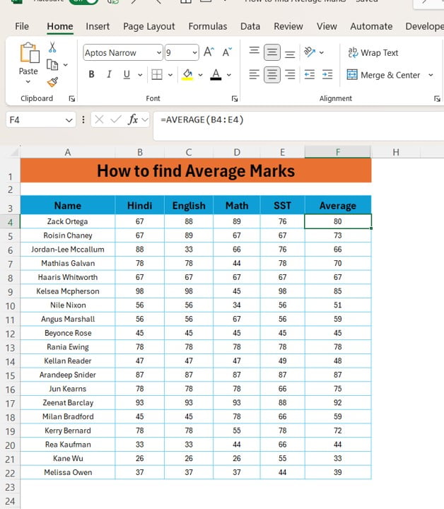 AVERAGE Function in Excel