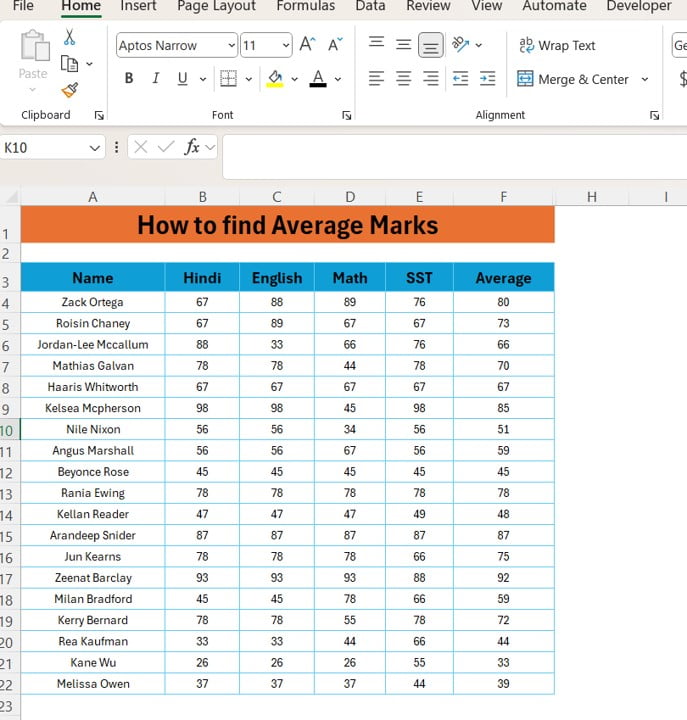 find Average Marks 