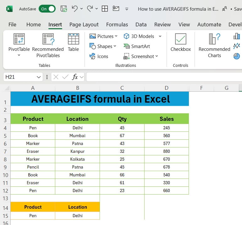 AVERAGEIFS formula in Excel 