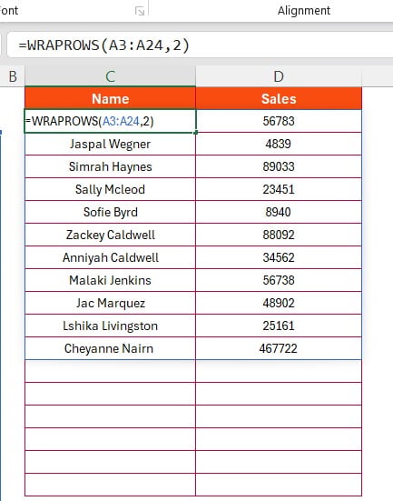 WRAPROWS Formula in Excel