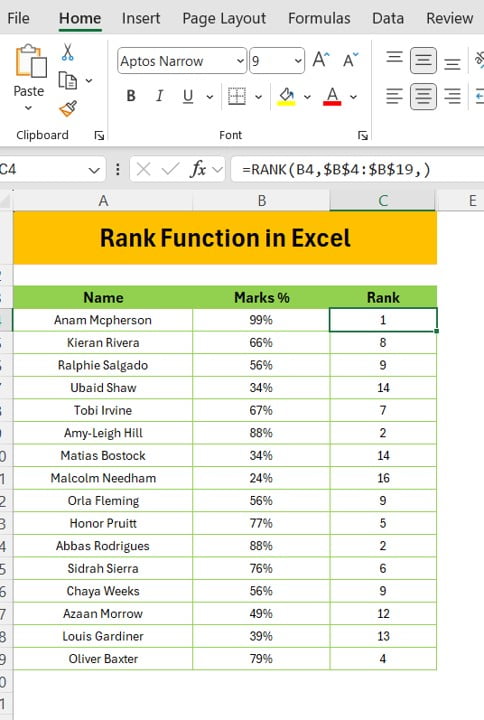 Rank Function in Excel