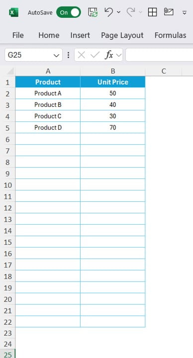 Product Master sheet tab