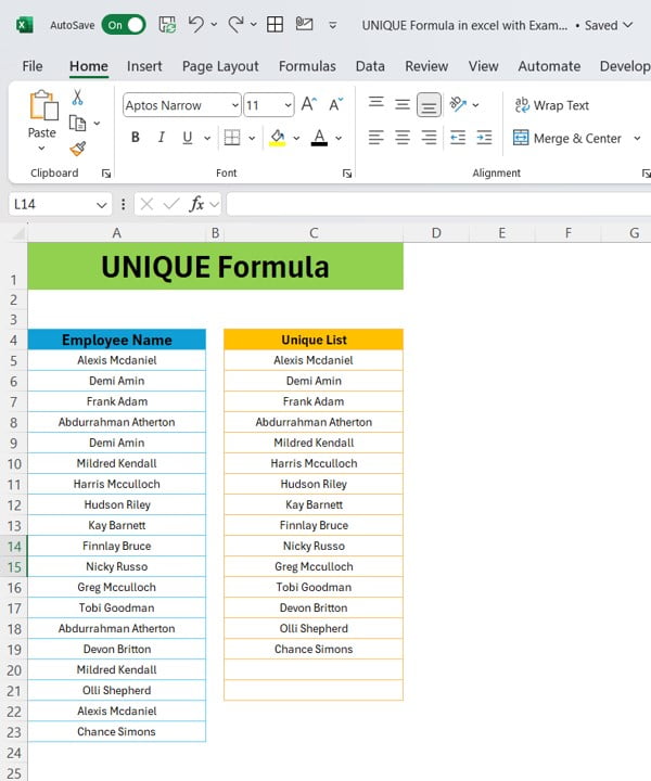 UNIQUE Function in Excel