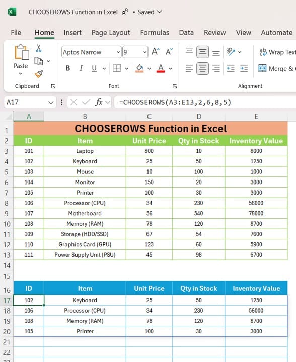 CHOOSEROWS function