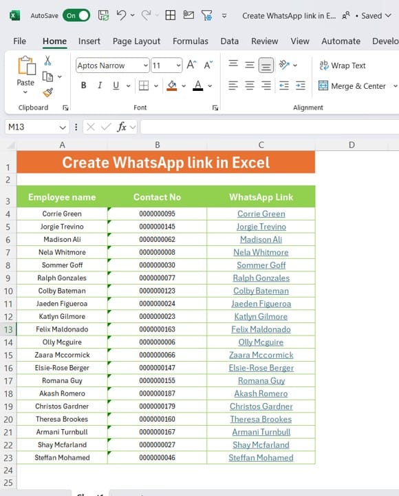 Create WhatsApp link in Excel