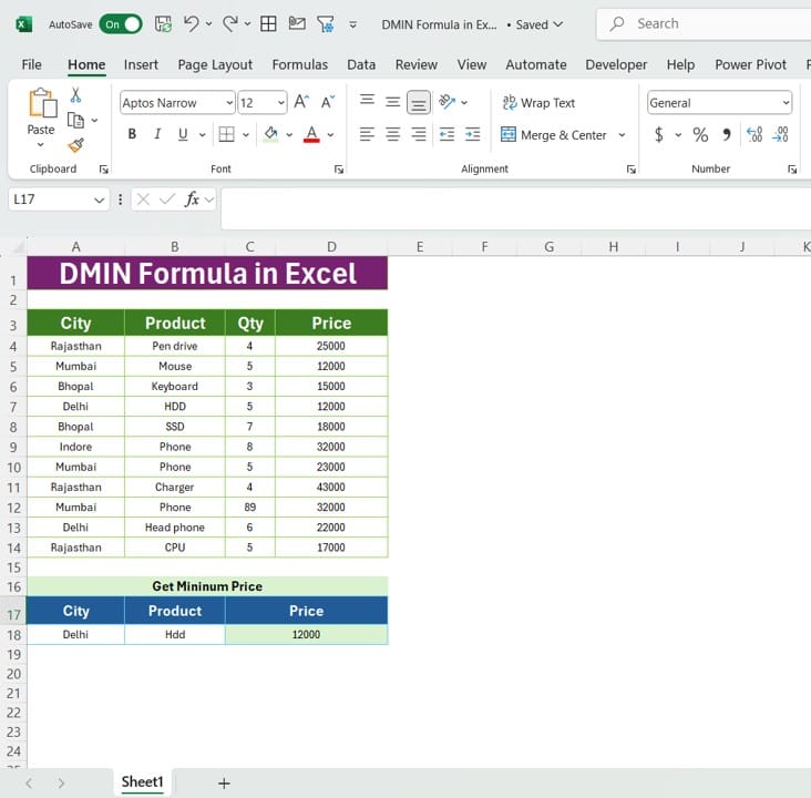 DMIN Formula in Excel