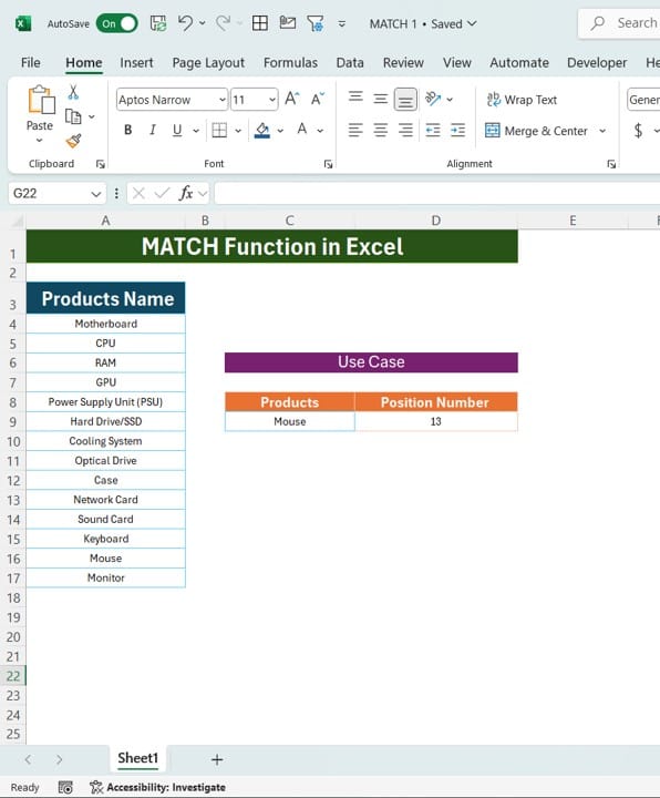 MATCH Function in Excel 