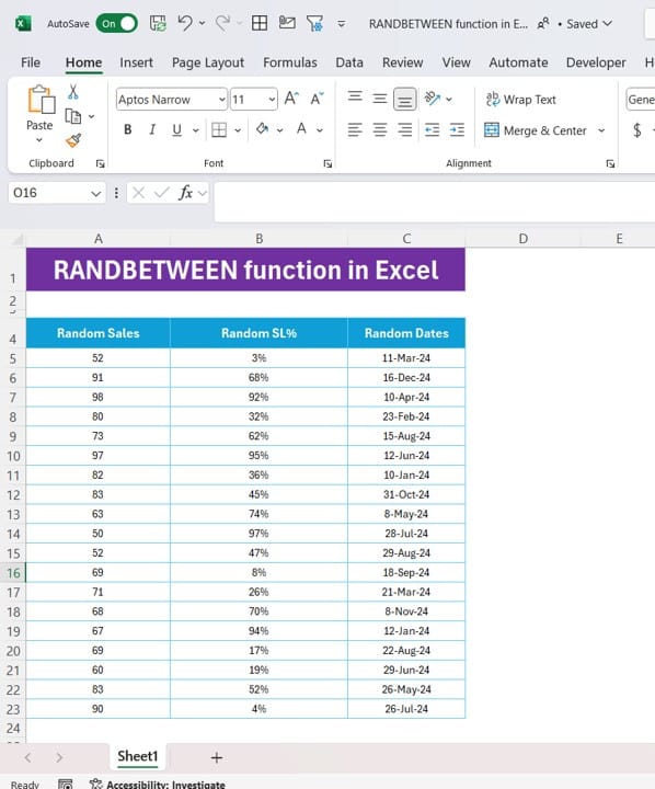 RANDBETWEEN function in Excel 