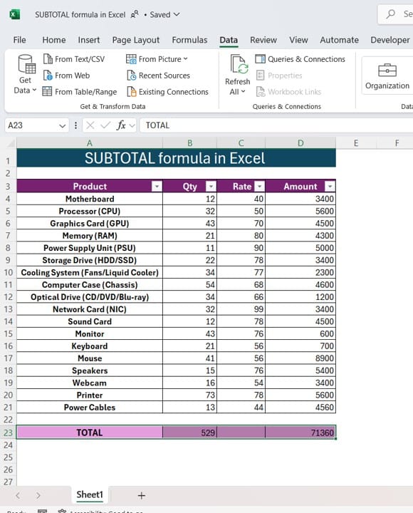 SUBTOTAL formula in Excel