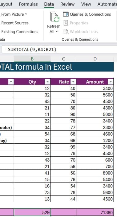 SUBTOTAL Formula