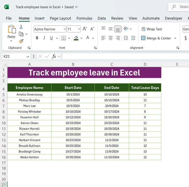 Track employee leave in Excel