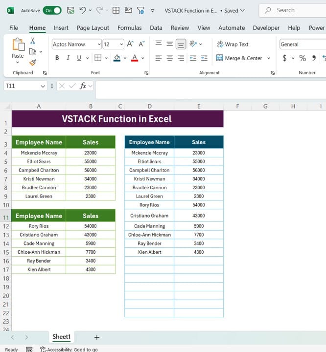 VSTACK Function in Excel