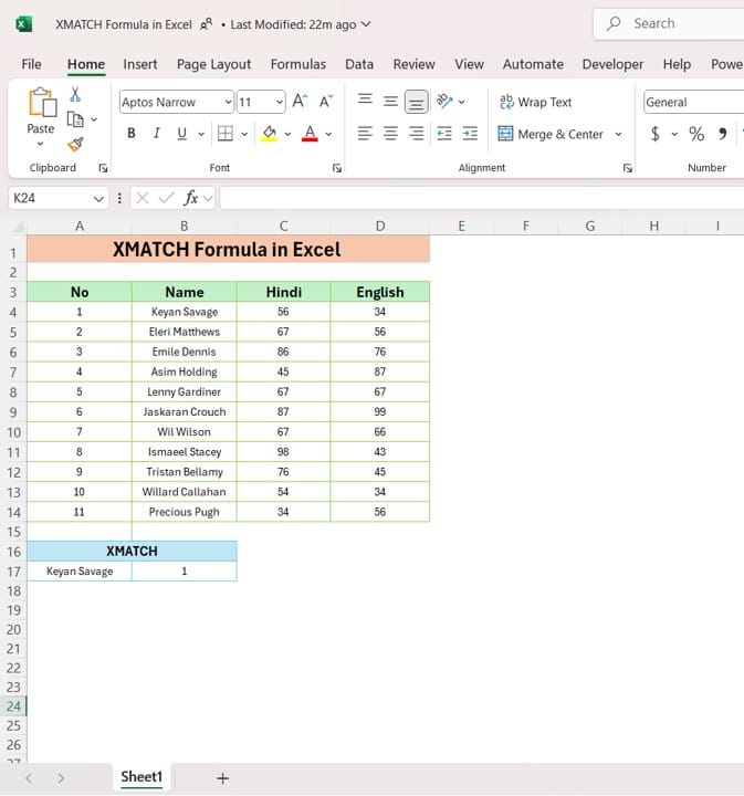 XMATCH Formula in Excel