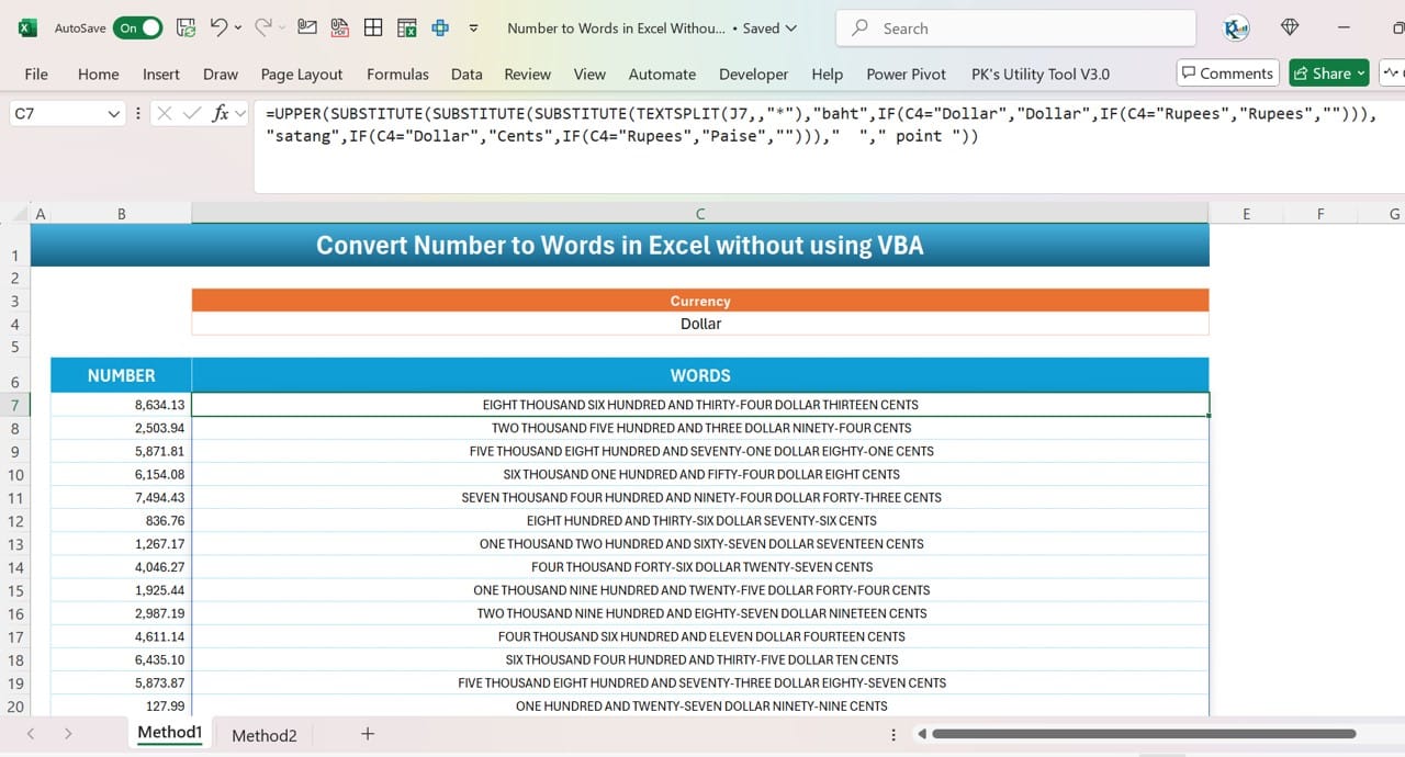 number to words in Excel