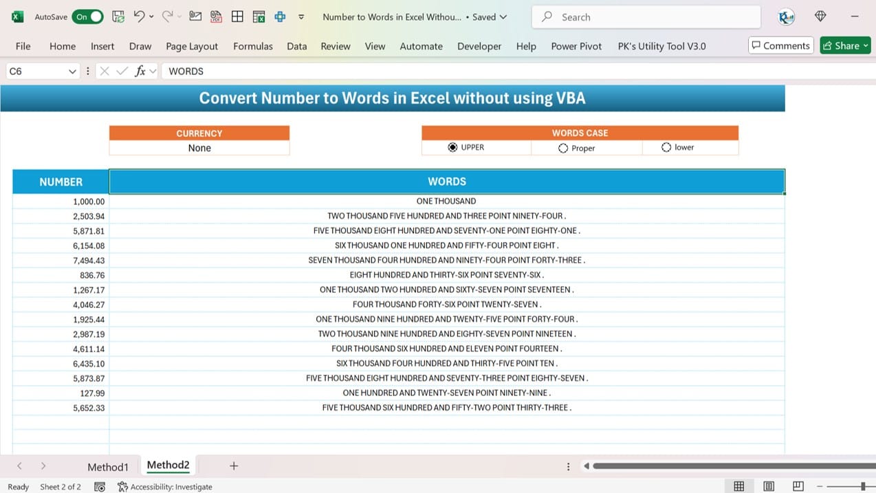 number to words in Excel