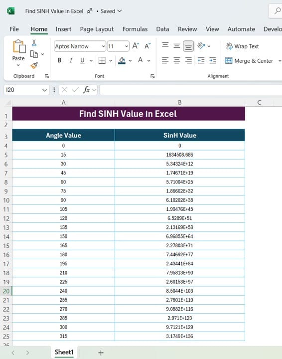 Find SINH Value in Excel