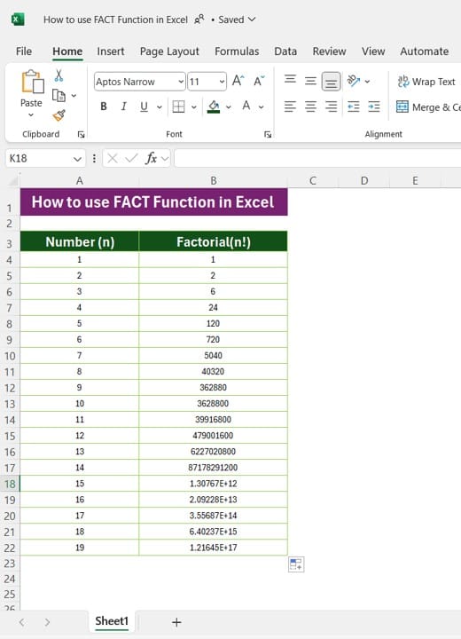 FACT Function in Excel 