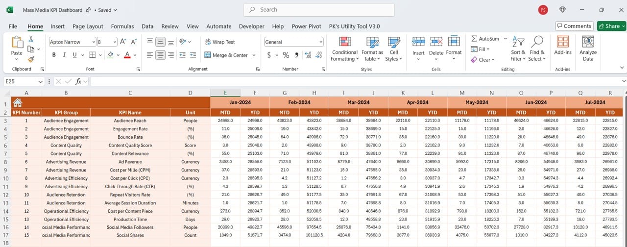 Actual Numbers Input Sheet