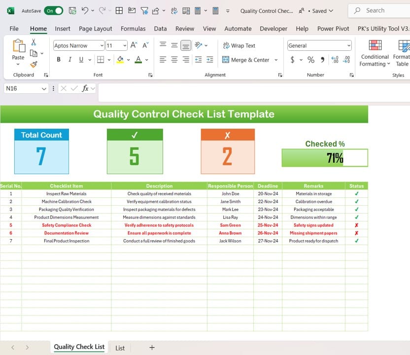 Quality Control Check List Template in Excel