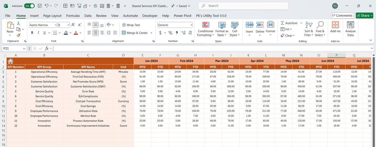 Actual Numbers Input Sheet