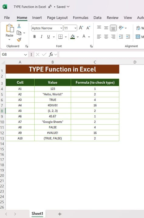 TYPE Function in Excel