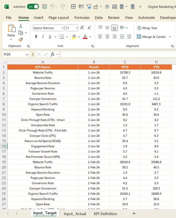 Input Actual Sheet