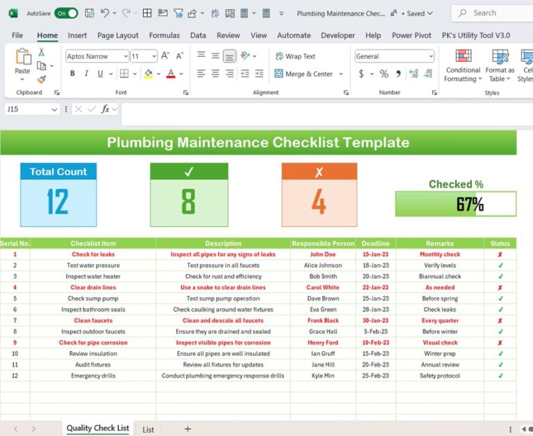 Plumbing Maintenance Checklist Template In Excel Pk An Excel Expert