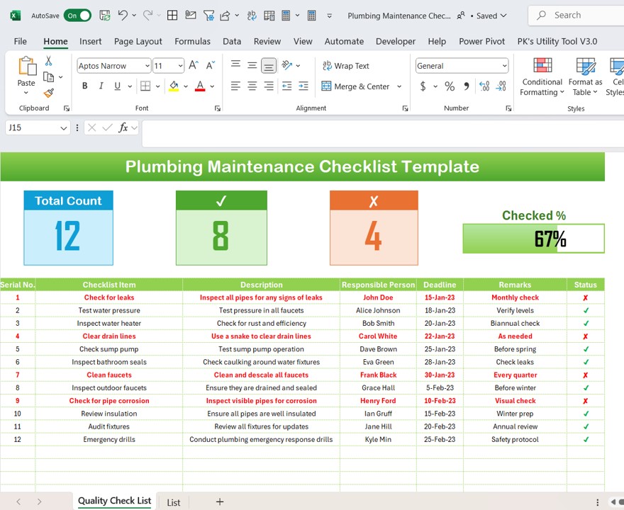 Plumbing Maintenance Checklist