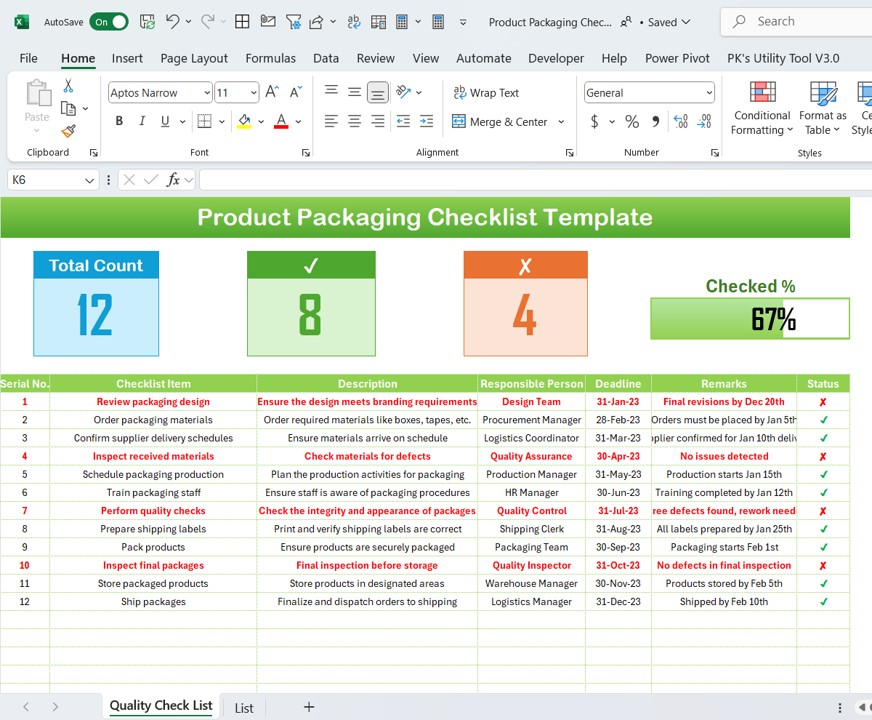 Packaging Checklist Sheet