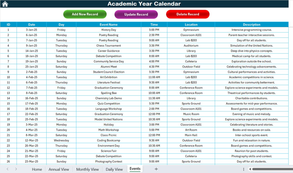 Events Sheet