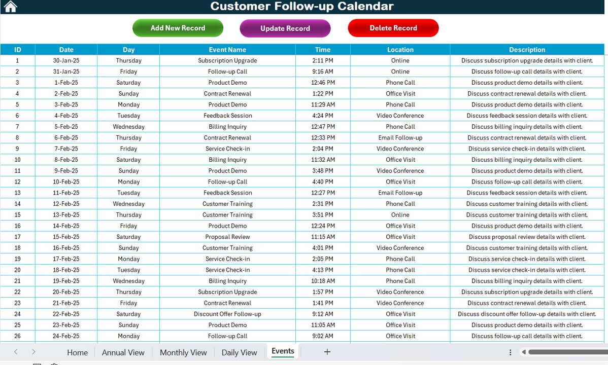 Events Sheet