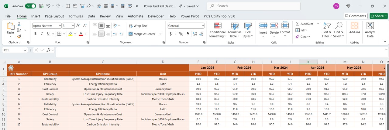 Actual Numbers Input Sheet