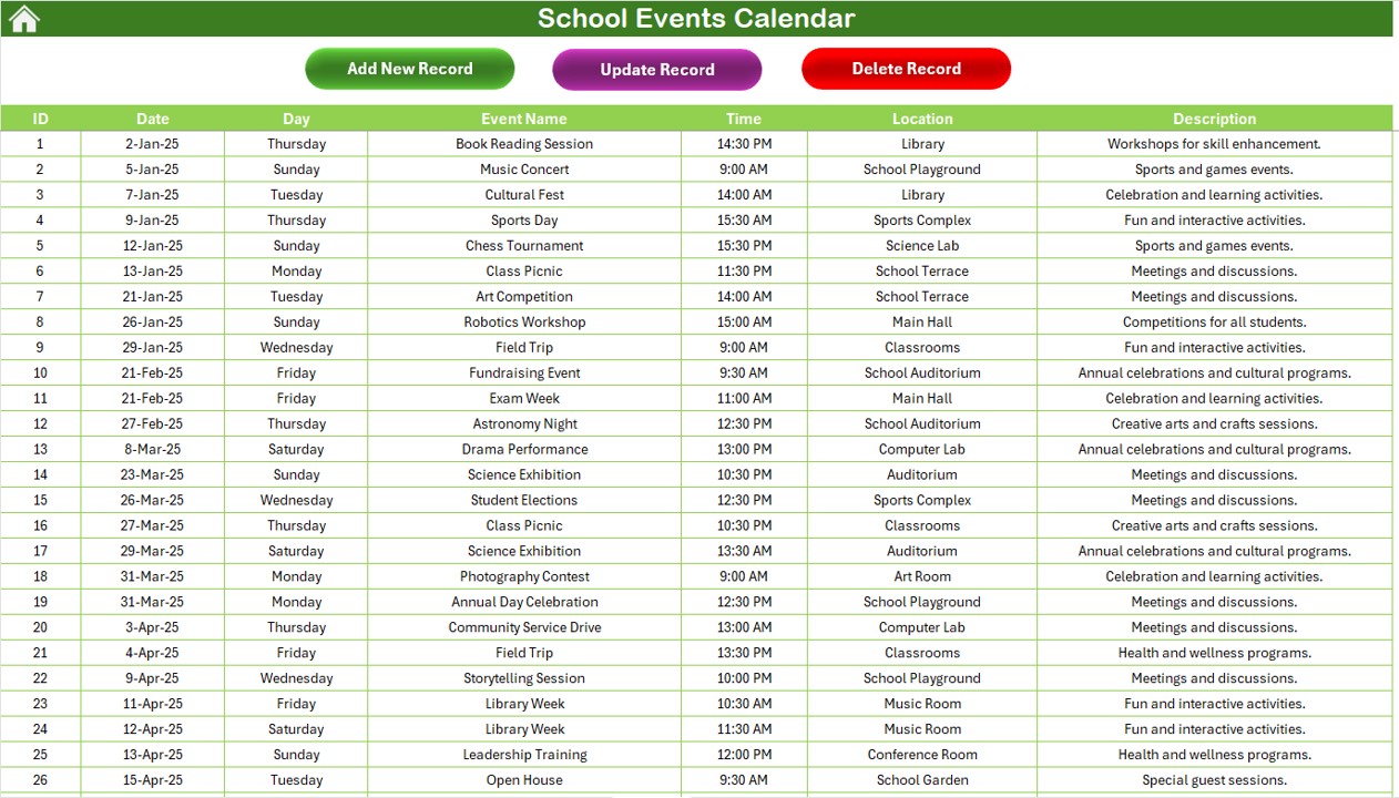 Events Sheet