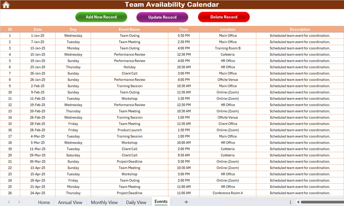 Events Sheet