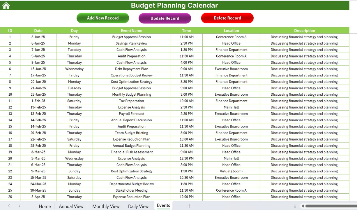 Events Sheet