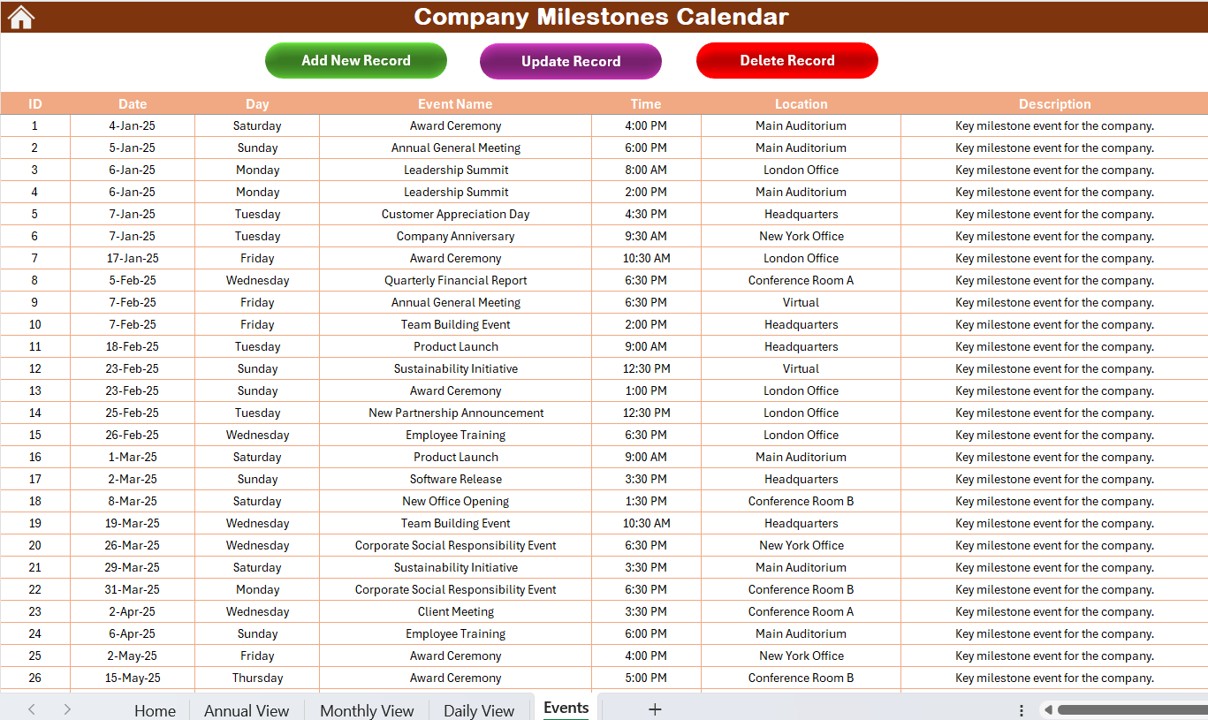 Events Sheet