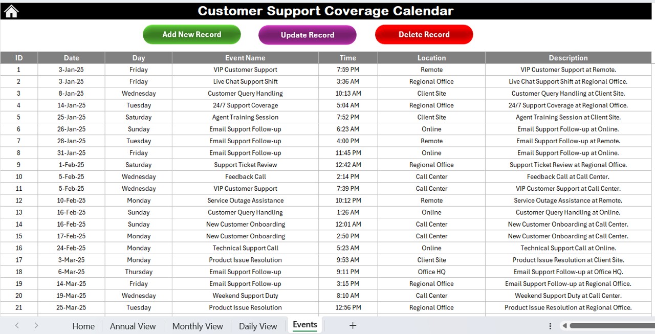 Events Sheet