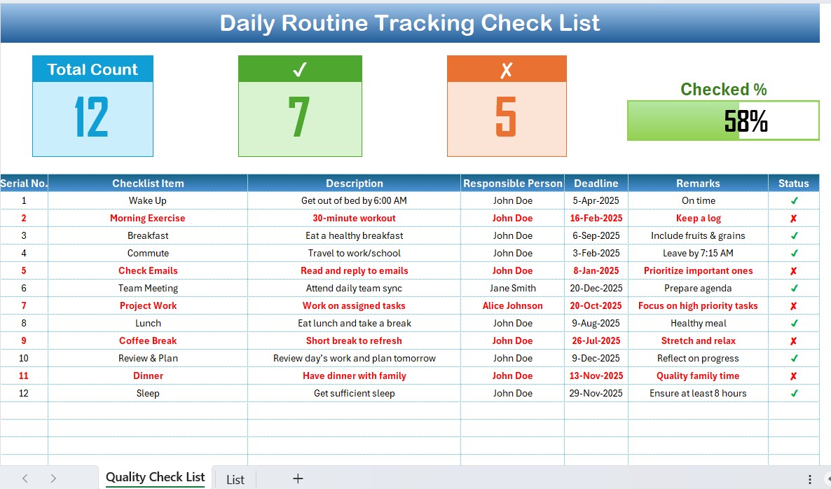 Daily Routine Tracking Checklist