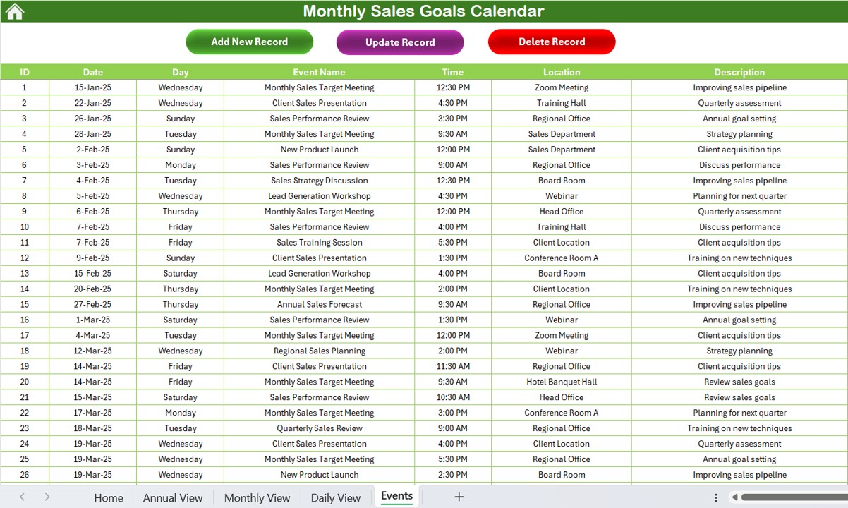 Events Sheet