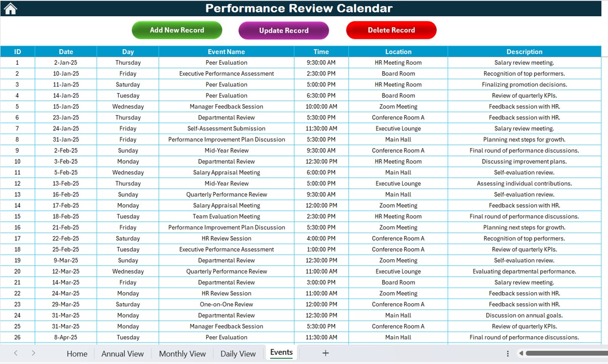 Events Sheet