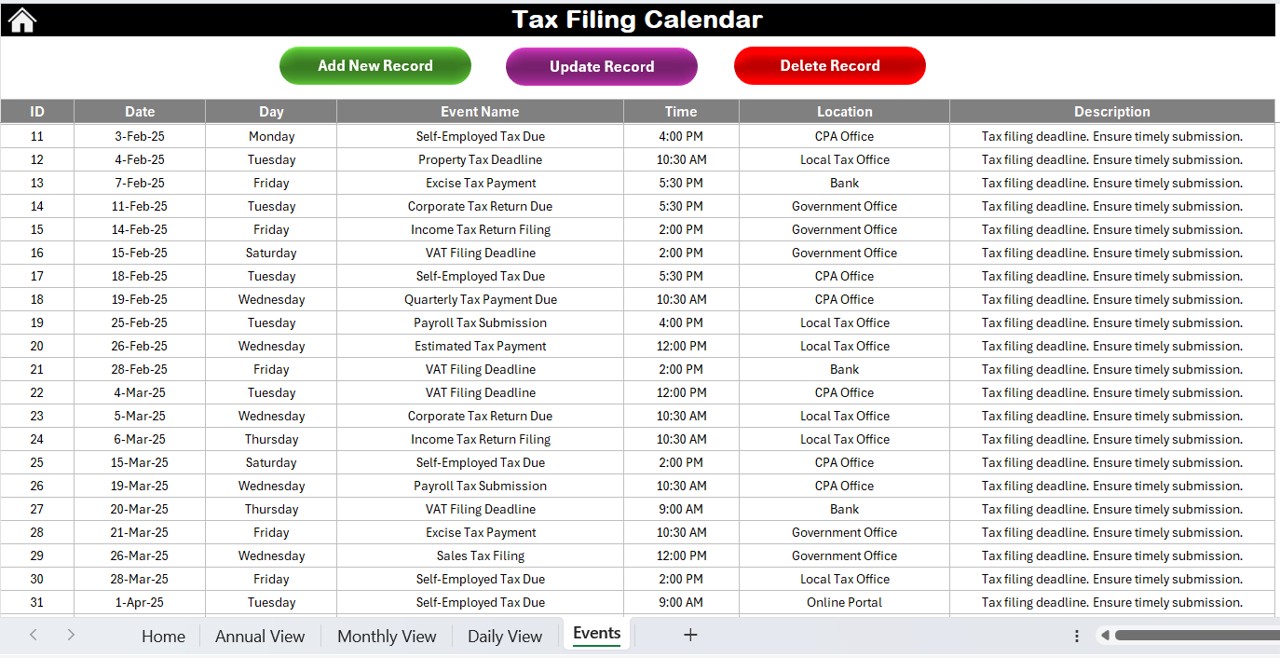 Events Sheet