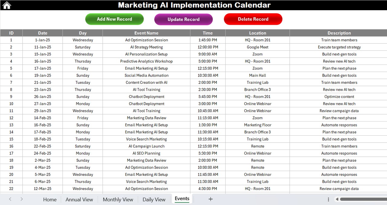 Events Sheet